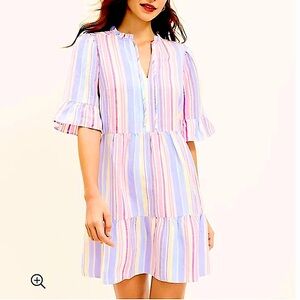 LOFT Linen blend tiered pastel stripe dress Small Beach summer casual loungewear